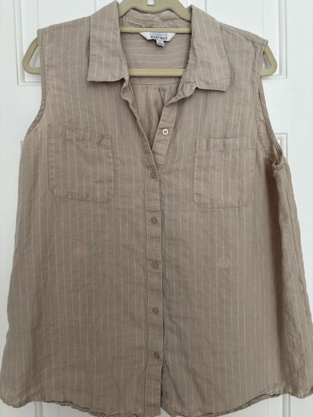 Ellen Tracy Beige Pinstripe linen Sleeveless Button-Down Shirt